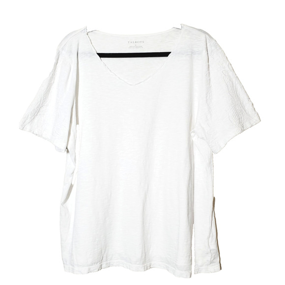 Talbots Tops - Talbots Womens XL White Top Short Sleeve Embroidery T-shirt 100% Cotton V-neck